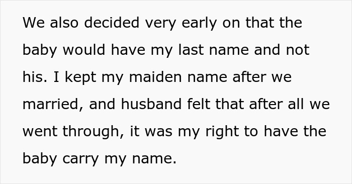 Text excerpt about choosing a baby name, highlighting a mil refusing baby name and keeping maiden name after marriage.