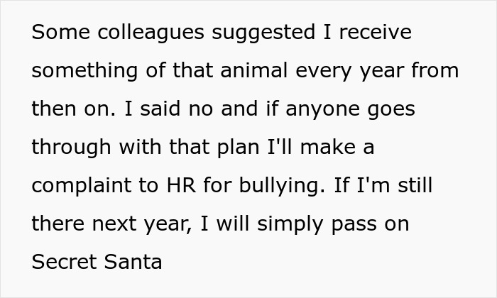 Screenshot of complaint about coworkers proposing a racist gift, employee threatens HR complaint over Secret Santa