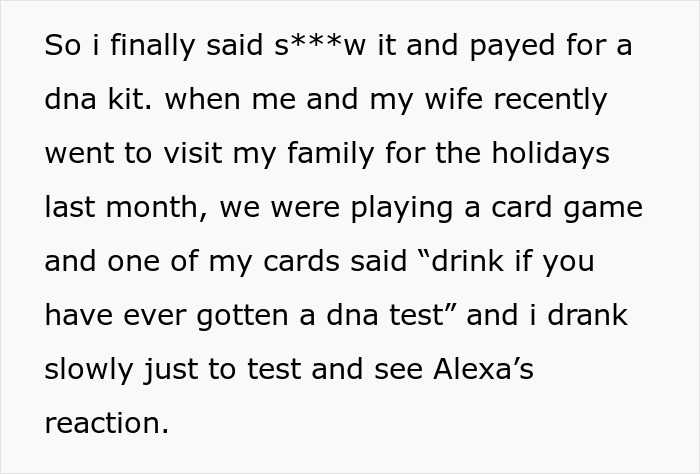 Text about paying for a DNA kit despite mom’s opposition, testing her reaction with a card game prompt. Text about paying for a DNA kit despite mom’s opposition, testing her reaction with a card game prompt.