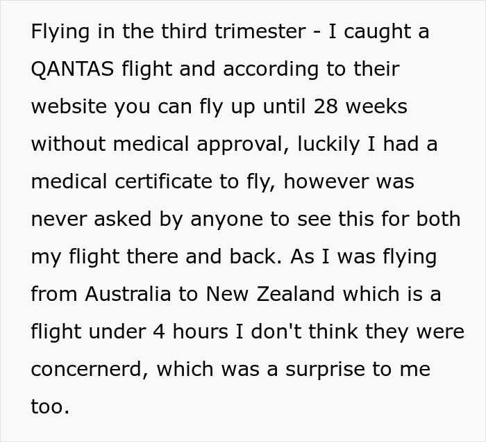 Text excerpt about flying in the third trimester, mentioning QANTAS flight rules and a medical certificate for pregnancy travel. Text excerpt about flying in the third trimester, mentioning QANTAS flight rules and a medical certificate for pregnancy travel.