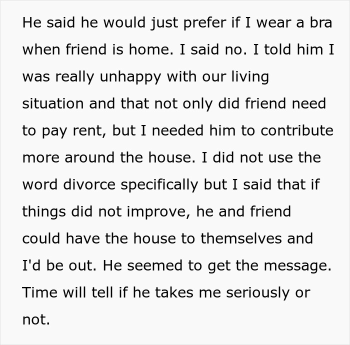Text discussing a woman preferring not to wear a bra at home and her husband's reaction to it. Text discussing a woman preferring not to wear a bra at home and her husband's reaction to it.