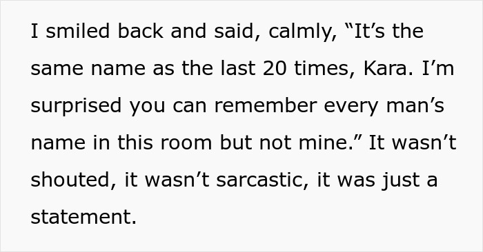 Text excerpt about office Karen belittling coworker by forgetting her name, showing calm but pointed response.
