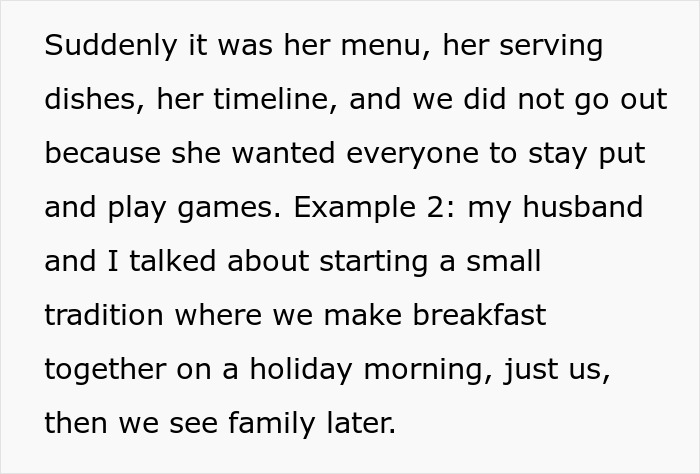 Text explaining manipulative MIL using fake kindness to control DIL and ruin holiday traditions through strict rules and plans.