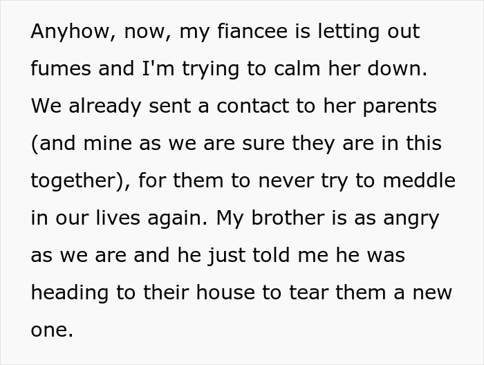 Text excerpt about a couple dealing with man's parents trying to guilt-trip them about having kids and threats of disinheritance.