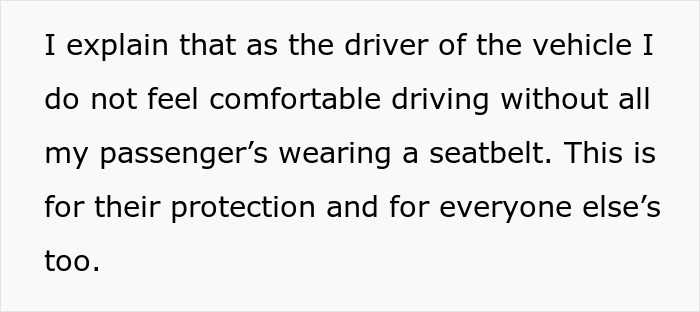 Text explaining a woman refusing to drive until all friends buckle seat belts for safety and protection in the vehicle.