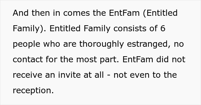 Text describing estranged relatives demanding access to a wedding they were never invited to, highlighting entitled family dynamics.