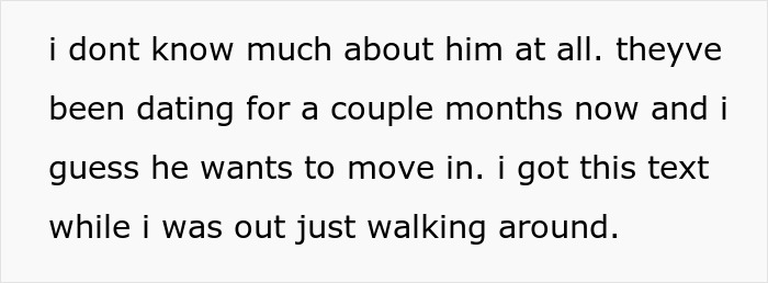 Text on a white background describing uncertainty about a man dating someone's mother and wanting to move in.