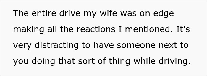 Text discussing a husband banning wife from front seat after her anxiety meltdown distracts him while driving.