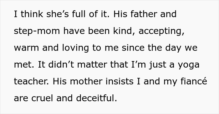 Text excerpt showing a woman explaining conflict with mother-in-law who disapproves of her being a yoga teacher.