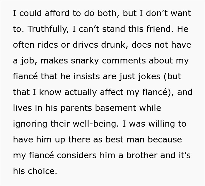 Text excerpt describing a difficult friend affecting fianc&eacute; and wedding plans involving money concerns.