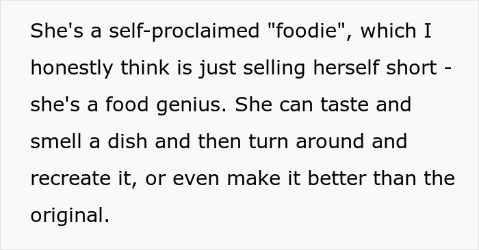 Alt text: Description of chef girlfriend's food skills, able to recreate and improve dishes without going to restaurants.