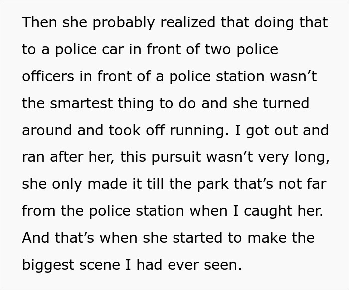Text excerpt describing a police officer’s pursuit and arrest of a violent family member near a police station and park. Text excerpt describing a police officer’s pursuit and arrest of a violent family member near a police station and park.
