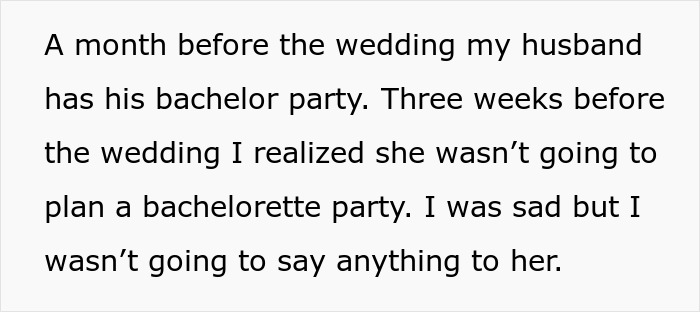 Text showing a bride upset about her maid of honor not planning a bachelorette party before the wedding.