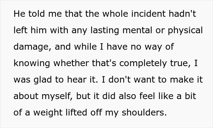 Text excerpt discussing absence of lasting mental or physical damage after an incident involving a family forgiving a man.