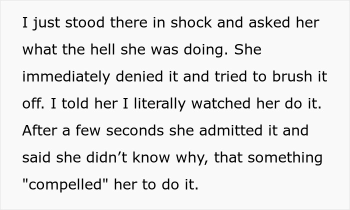 Text excerpt showing shock after witnessing girlfriend spitting in food, mentioning feeling compelled to do it.