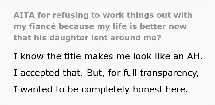 Text post about refusing to work things out with fianc&eacute; and stepdaughter, expressing relief and honesty in the decision.