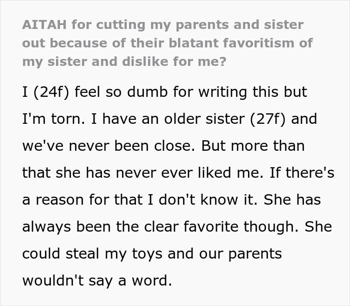 Text post about golden child telling sister's fiance he could do better while parents watch, expressing feelings of favoritism and shock.