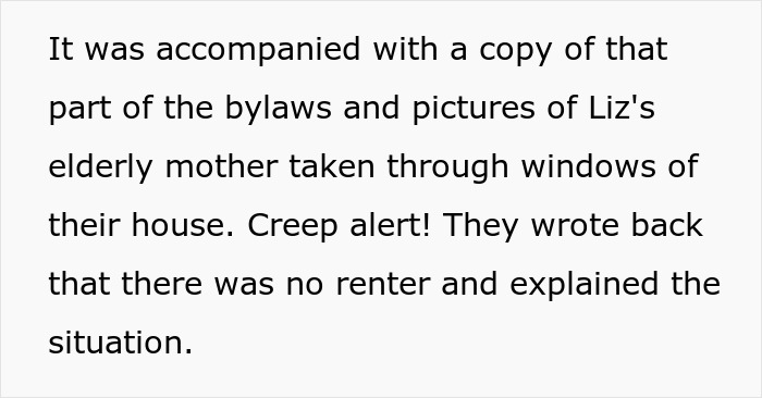 Text passage describing bylaws and photos used by an HOA president in a harassment case involving a couple.