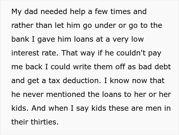 Text about giving low interest loans to father and complications with emptying father&rsquo;s estate will and family issues.