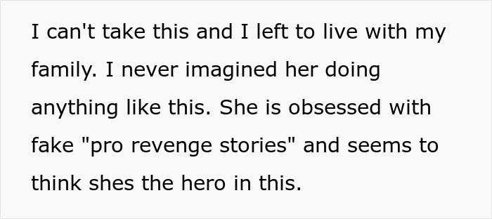 Text excerpt showing a person describing their fianc&eacute;e&rsquo;s obsession with fake revenge stories and calling it bullying behavior.