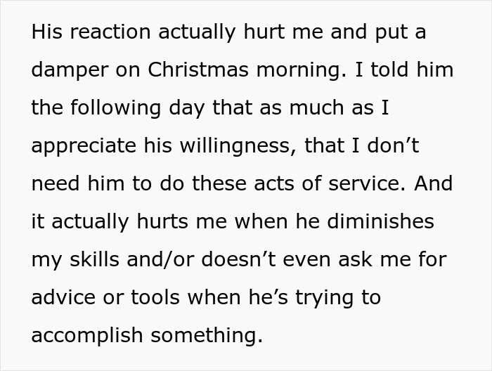 Text discussing how a woman feels hurt because her boyfriend feels emasculated when she fixes things for him.