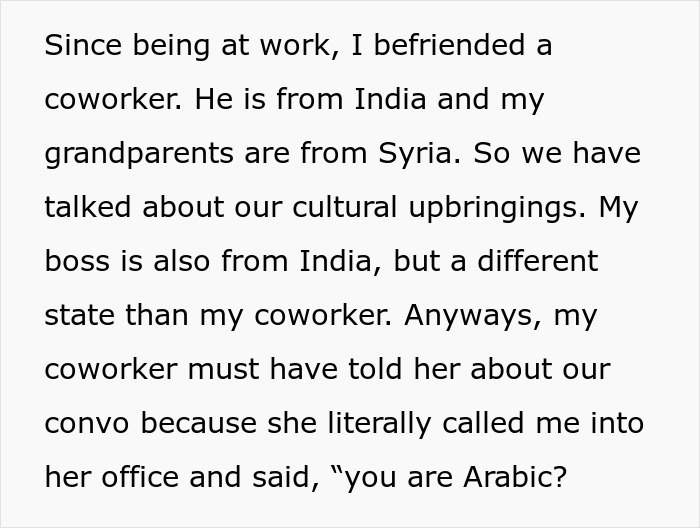 Text excerpt about coworker and boss from different ethnic backgrounds discussing cultural upbringing after daily nitpicking by boss. Text excerpt about coworker and boss from different ethnic backgrounds discussing cultural upbringing after daily nitpicking by boss.