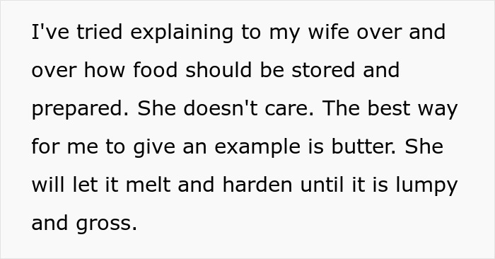 Text describing a husband teaching his wife a lesson by embarrassing her in front of her parents about food storage.