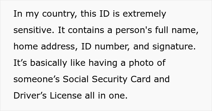 Text explaining an ID with sensitive personal information, highlighting concerns about privacy and security risks.