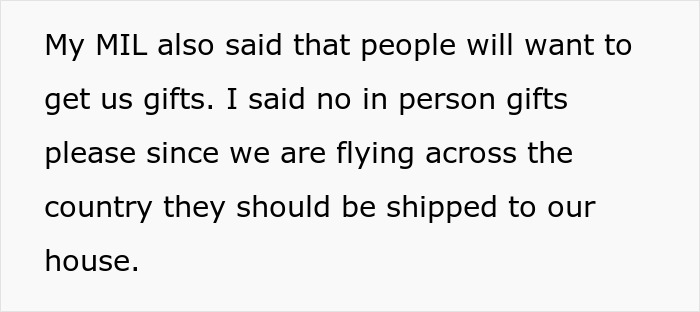 Text excerpt about MIL's inappropriate baby shower gift idea rejection and preference for shipped gifts due to travel.