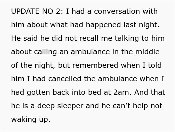 Text excerpt describing a partner&rsquo;s deep sleep and a conversation about calling and canceling an ambulance at night.