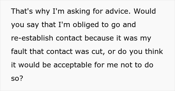 Text excerpt discussing forgiveness and re-establishing family contact after a past conflict from five years ago.