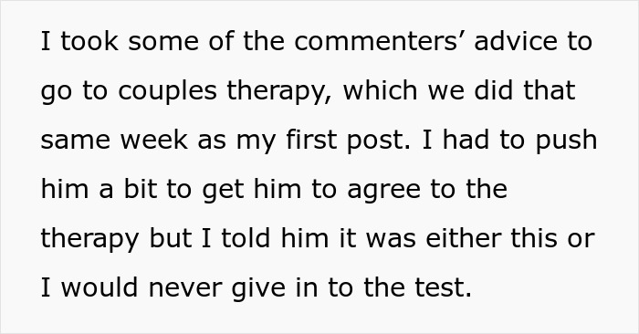 Text excerpt about couples therapy after a paternity test demand involving a 3-year-old son dispute.