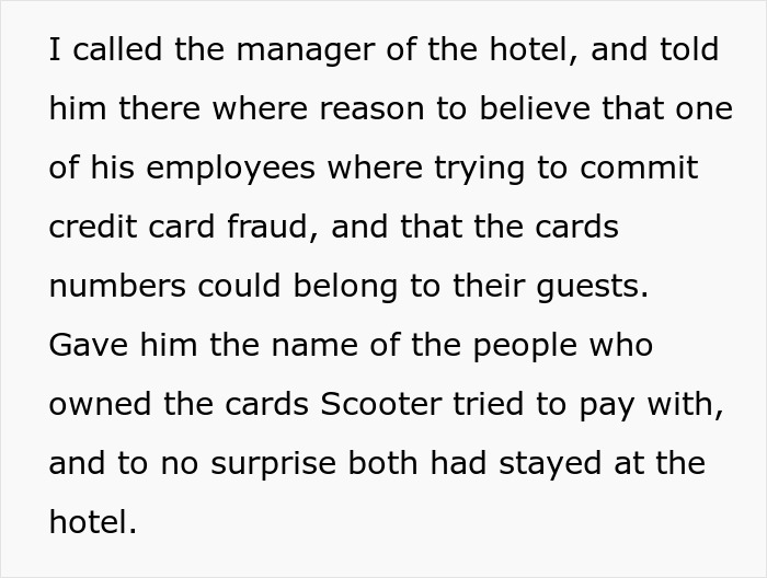 Text excerpt showing a hotel receptionist exposing a scammer&rsquo;s $2k laundering attempt and credit card fraud scheme.