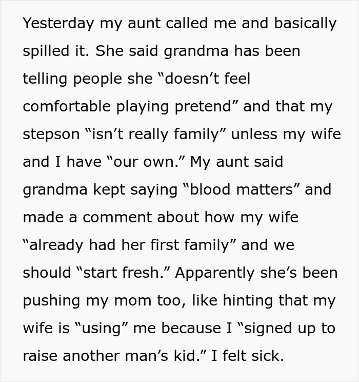 Text excerpt revealing why grandma doesn&rsquo;t want to see stepson, emphasizing family and blood matters conflict.