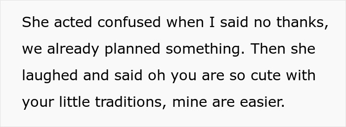 Text excerpt highlighting manipulative MIL using fake kindness to undermine holiday traditions, upsetting DIL.