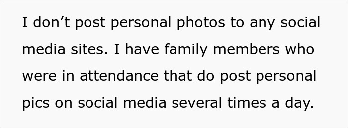 Text excerpt discussing family members posting personal photos on social media, mentioning aunt, camera, and family parole. Text excerpt discussing family members posting personal photos on social media, mentioning aunt, camera, and family parole.