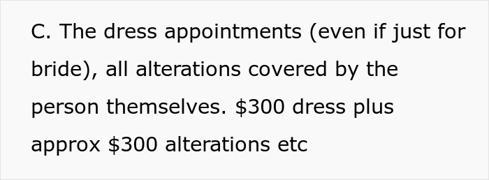 Text excerpt discussing bride dress appointments and alteration costs related to a bridezilla wedding scenario.
