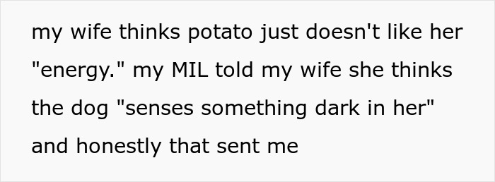 Text conversation about MIL running to the priest after son-in-law&rsquo;s revenge with humorous energy and dark sensing dog.