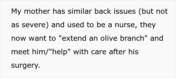 Text excerpt showing a mother with back issues and nursing background, linked to parents disowning adult worker daughter. Text excerpt showing a mother with back issues and nursing background, linked to parents disowning adult worker daughter.