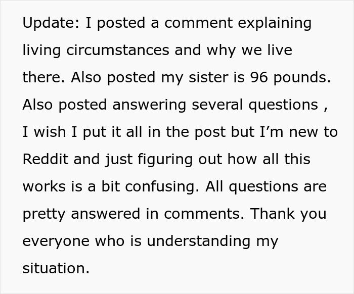 Text update explaining living circumstances, sister&rsquo;s weight, and confusion using Reddit, related to woman stealing 5-year-old niece&rsquo;s skirt.