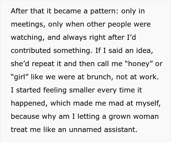 Text describing a coworker belittling another by "forgetting" her name during meetings, causing humiliation.