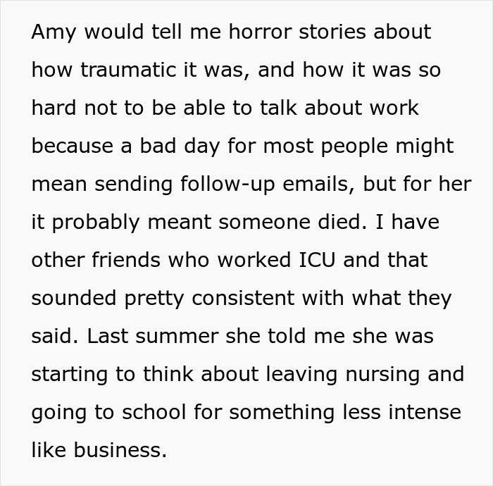 Text excerpt describing a woman sharing traumatic work experiences while lying about her career for years.