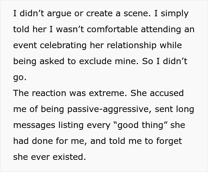 Text about woman banning best friend&rsquo;s baby and husband from engagement party, causing friendship fallout and extreme reactions.