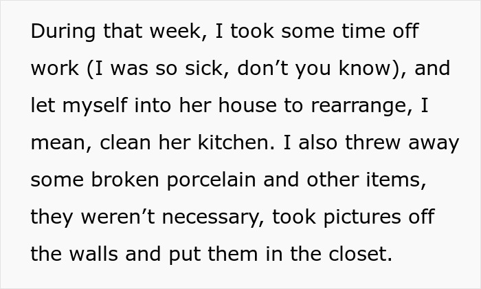 Text describing a daughter-in-law rearranging and cleaning her mother-in-law&rsquo;s furniture and kitchen during a week off.
