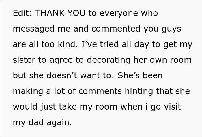 Text post sharing a teen accused of crushing half-sister&rsquo;s Christmas dreams by refusing her decorating request.