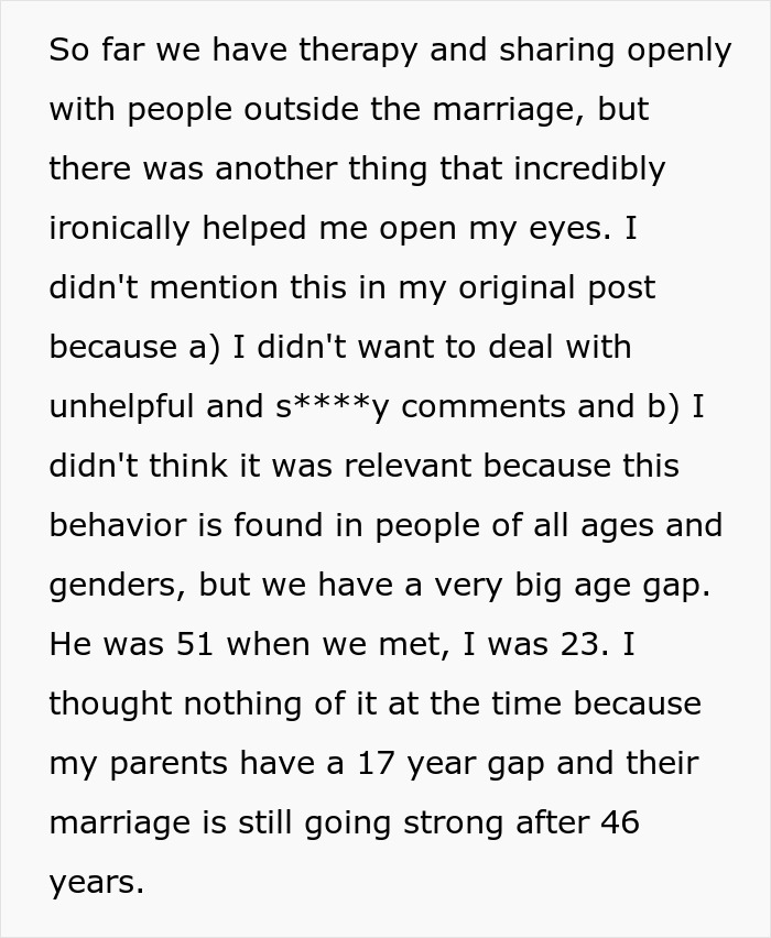 Text excerpt discussing therapy, marriage age gap, and relationships, relating to wife deciding to live like husband.
