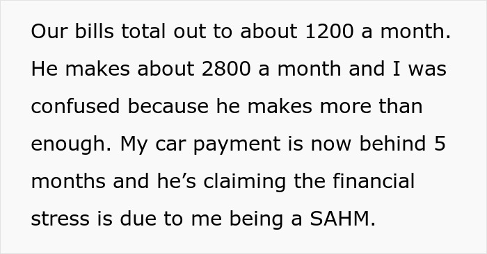 Text showing financial struggles as husband blames SAHM wife for money problems and tells her to find a job instead