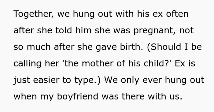 Text discussing a man stepping up for his pregnant ex by offering to raise the baby while his girlfriend walks away from the situation.