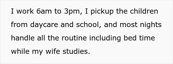 Alt text: Text describing a dad&rsquo;s daily routine managing children&rsquo;s care while his wife studies, highlighting challenges with a toddler.