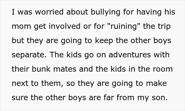 Text discussing a mom&rsquo;s concern about her autistic kid being excluded and separated from other boys on a class trip.